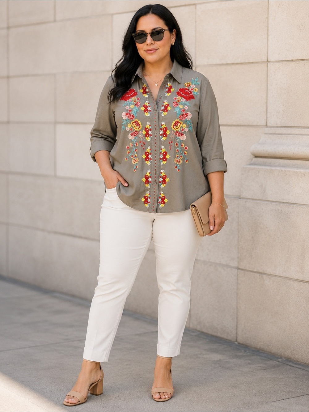 ANDREE BY UNIT Gray Embroidered Floral Shirt